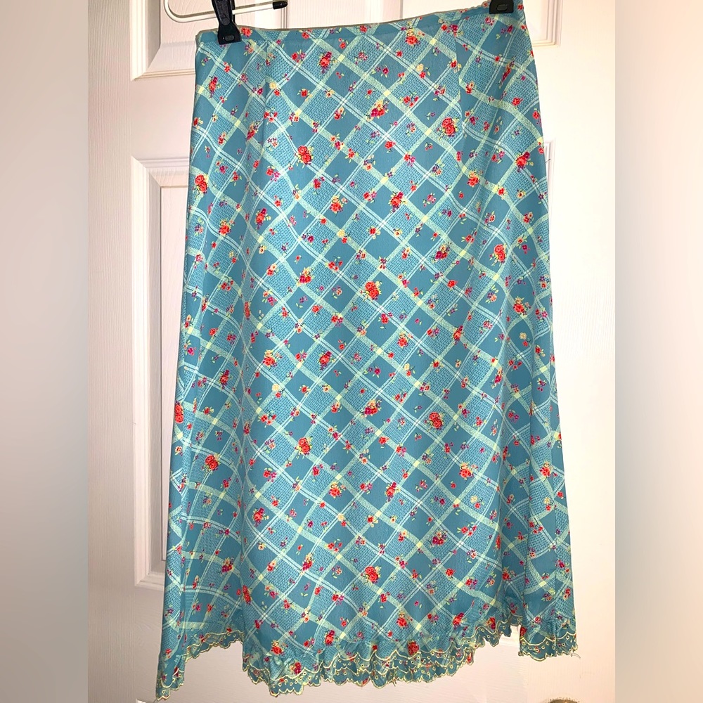 Free People midi skirt aqua blue with yellow plaid pattern, Size 3.